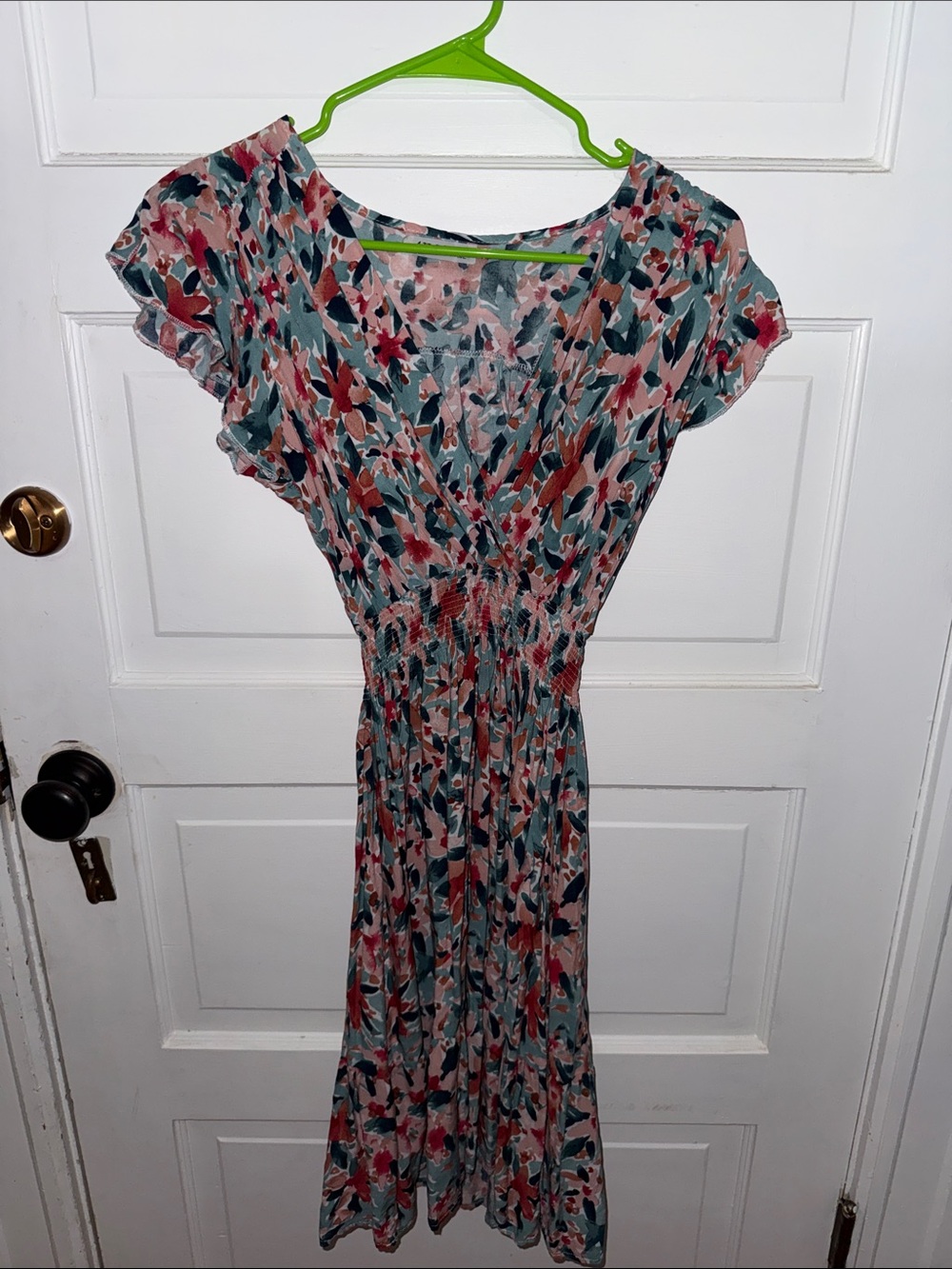 iris Floral Surplice Midi Dress in Teal and Pink